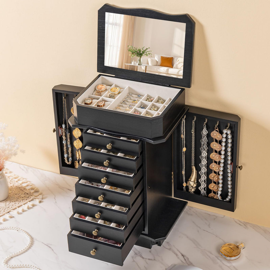 Standing Jewelry Armoire Cabinet, Large Freestanding Jewelry Organizer Box with Mirror, 7 Drawers & 2 Side Doors