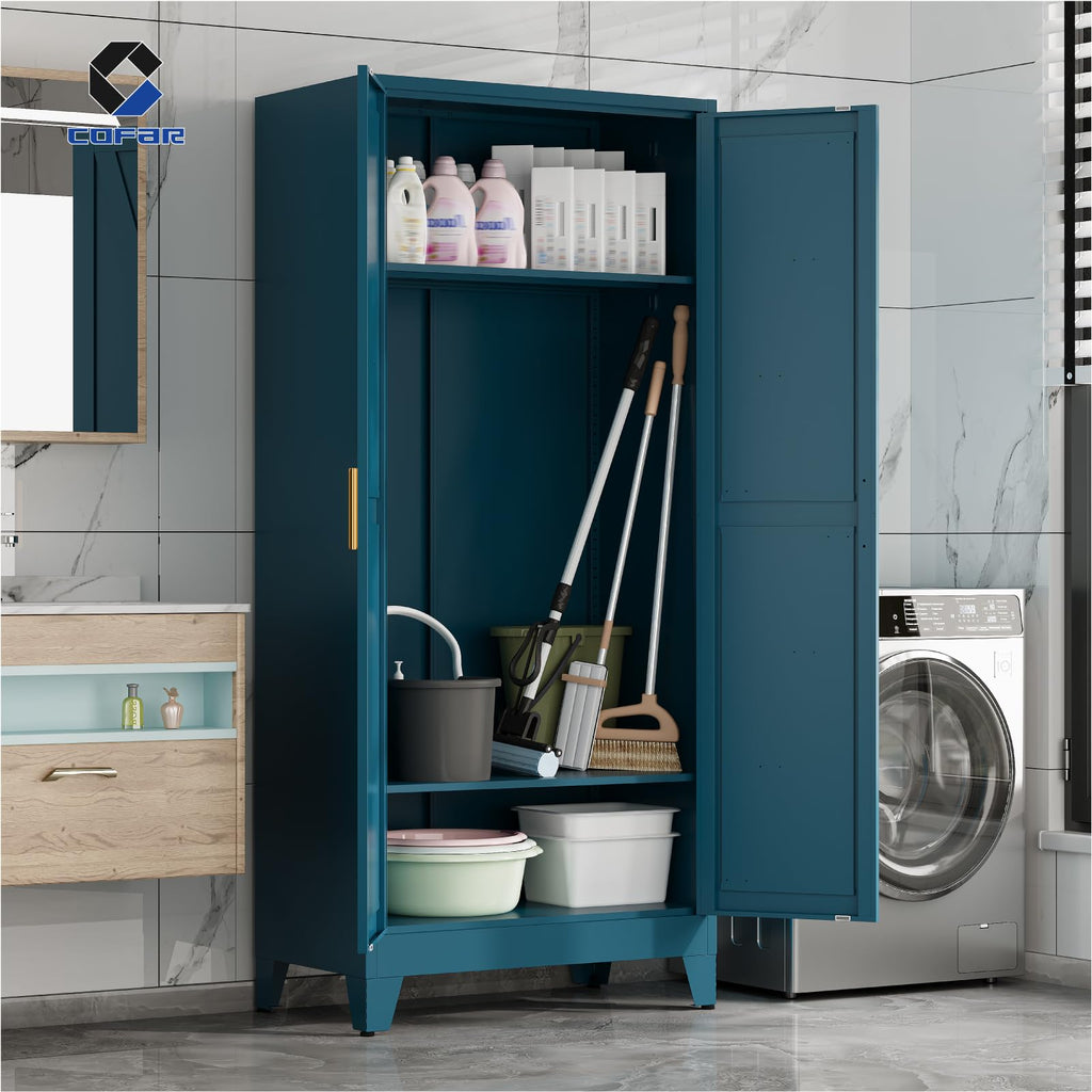 71'' Metal Armoire Wardrobe Closet, Steel Wardrobe Cabinet with Adjustable Hanging Rod and Shelves, 2 Doors Farmhouse