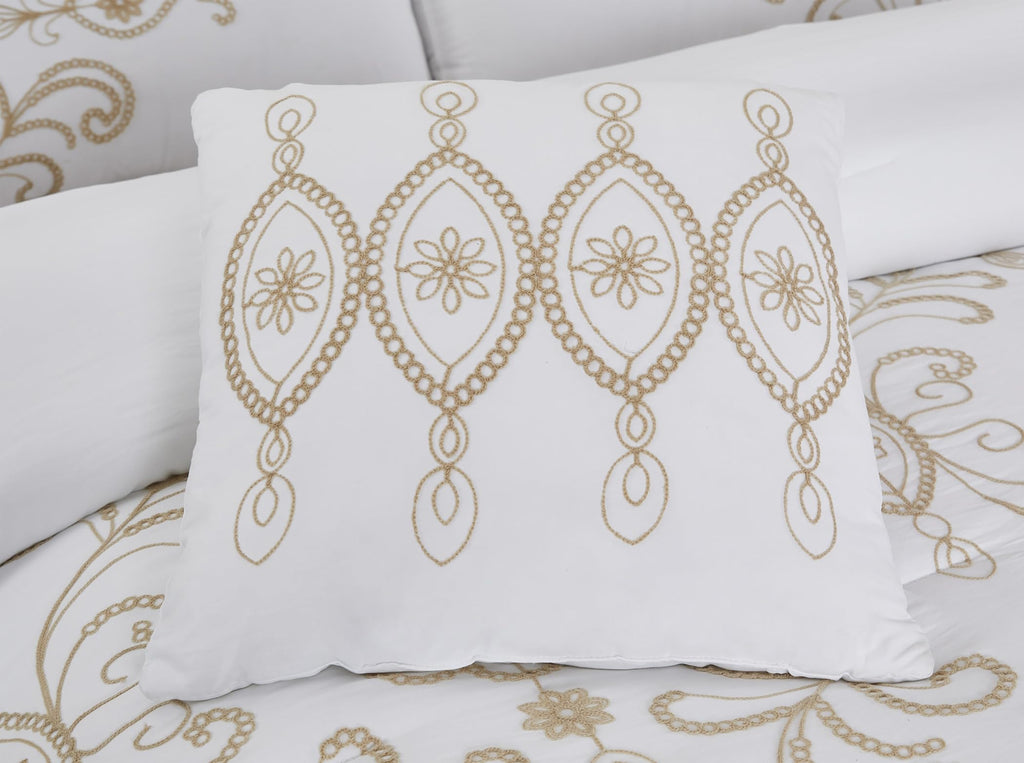 Sabrina Embroidered Comforter Set - 5 Piece White Bed Set with Gold Detailing, Decorative Pillows & Shams