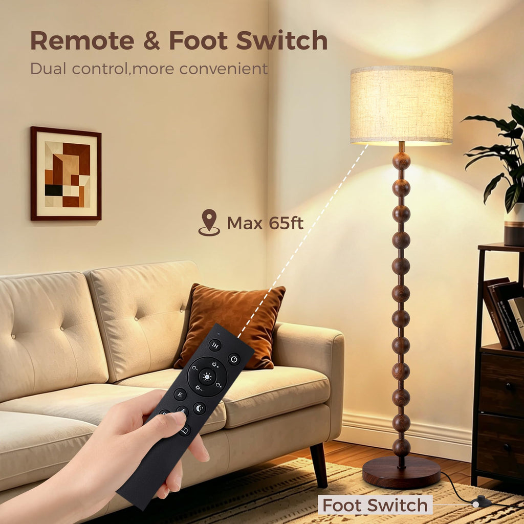 62" Farmhouse Floor Lamp with Remote, Dimmable Standing Lamp, Walnut Grain