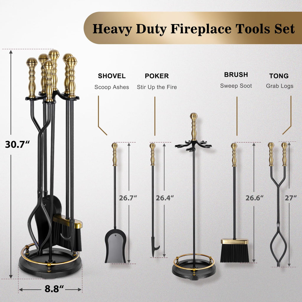 Fireplace Tools Set 5 Pcs Wrought Iron Large Fire Tool Set with Brass Handles for Outdoor/Indoor, Fireplace