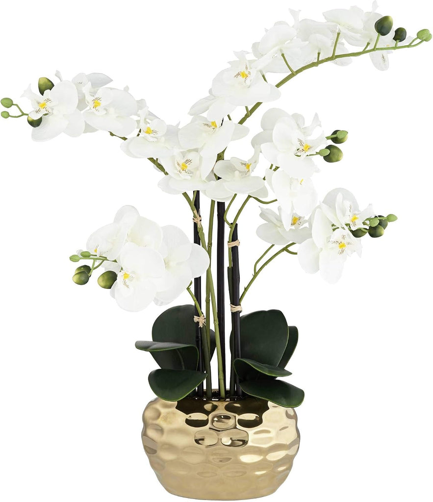Potted Faux Artificial Flowers Realistic White Phalaenopsis Orchid in Silver Gold Ceramic Pot Home Decoration Living