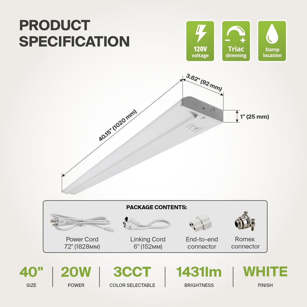 White Swivel LED Under Cabinet Light, 40 Inch 20W, Plug in/Hardwired