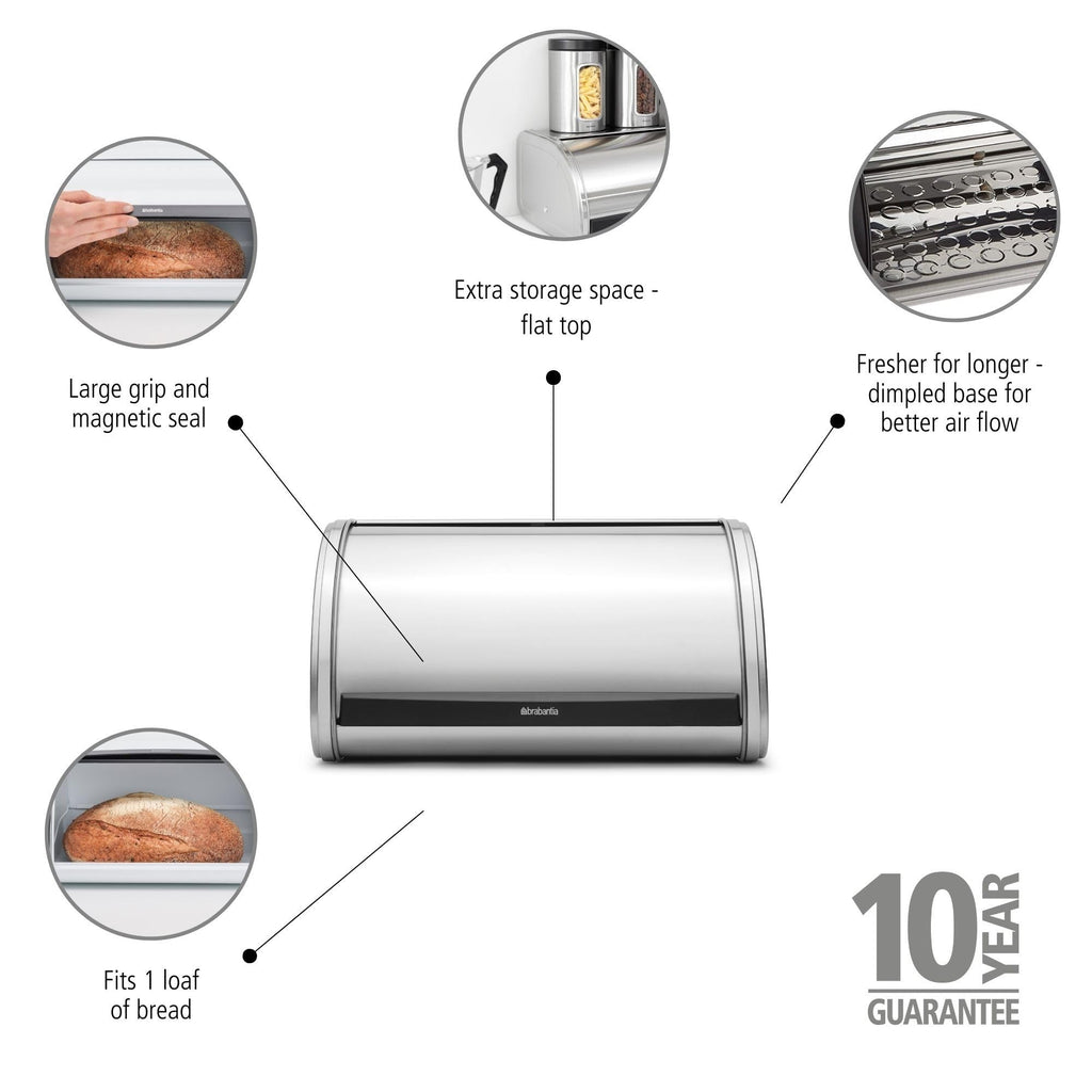 Roll Top | Medium | Matt Steel | Large Metal Front Opening Bread Store Countertop | Partly Flat Top for Extra