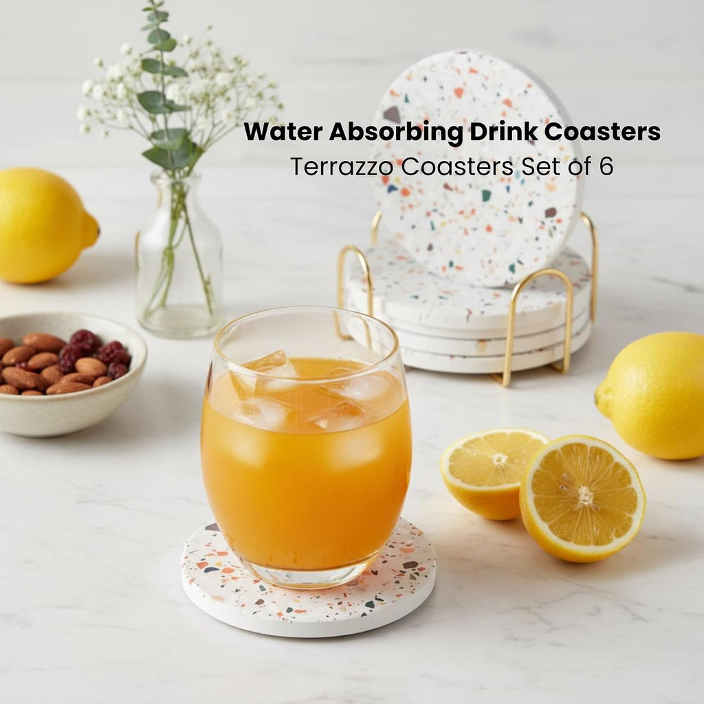 Terrazzo Coasters, Colorful Boho Absorbent Ceramic Coasters - Set of 6