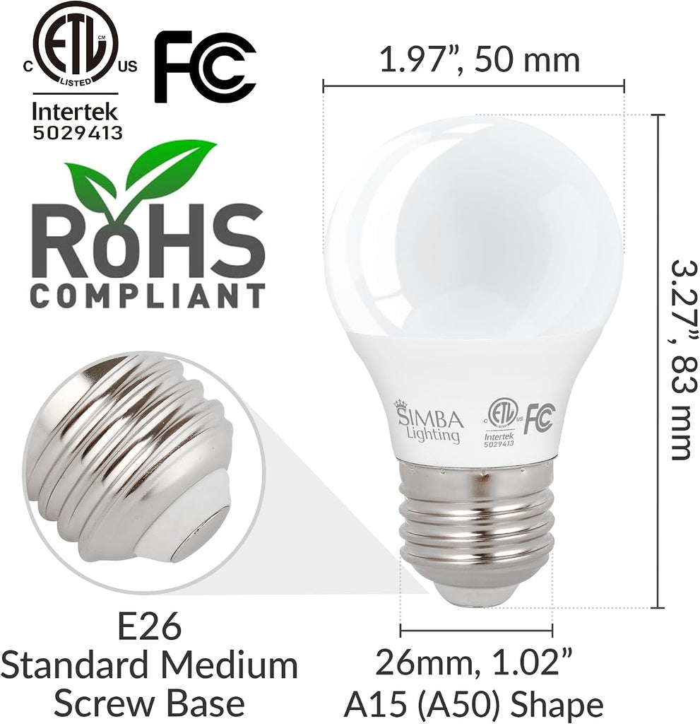 LED A15 5W 120V ETL Listed Light Bulbs E26, 3000K, 4 Pack
