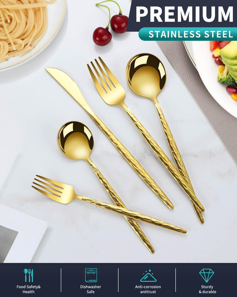 Hammered Gold Silverware Set,30 Piece Stainless Steel Flatware Set for 6,Modern Cutlery Set,Includes Spoon Fork