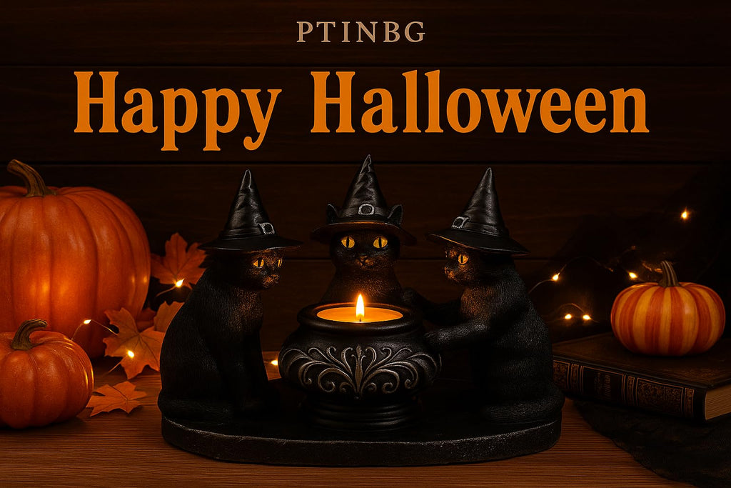 Halloween Black Cat Candle Holder with Witch Hats, Gothic Cauldron Decor