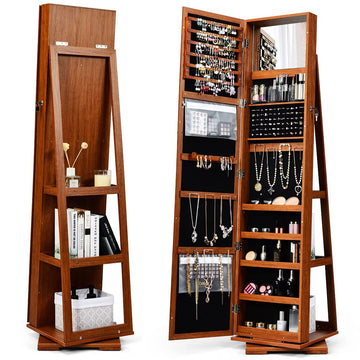 360 Rotating Jewelry Armoire with Mirror, Freestanding Jewelry Storage Mirror w/78 Ring Slots, 24 Necklace Hooks, 120