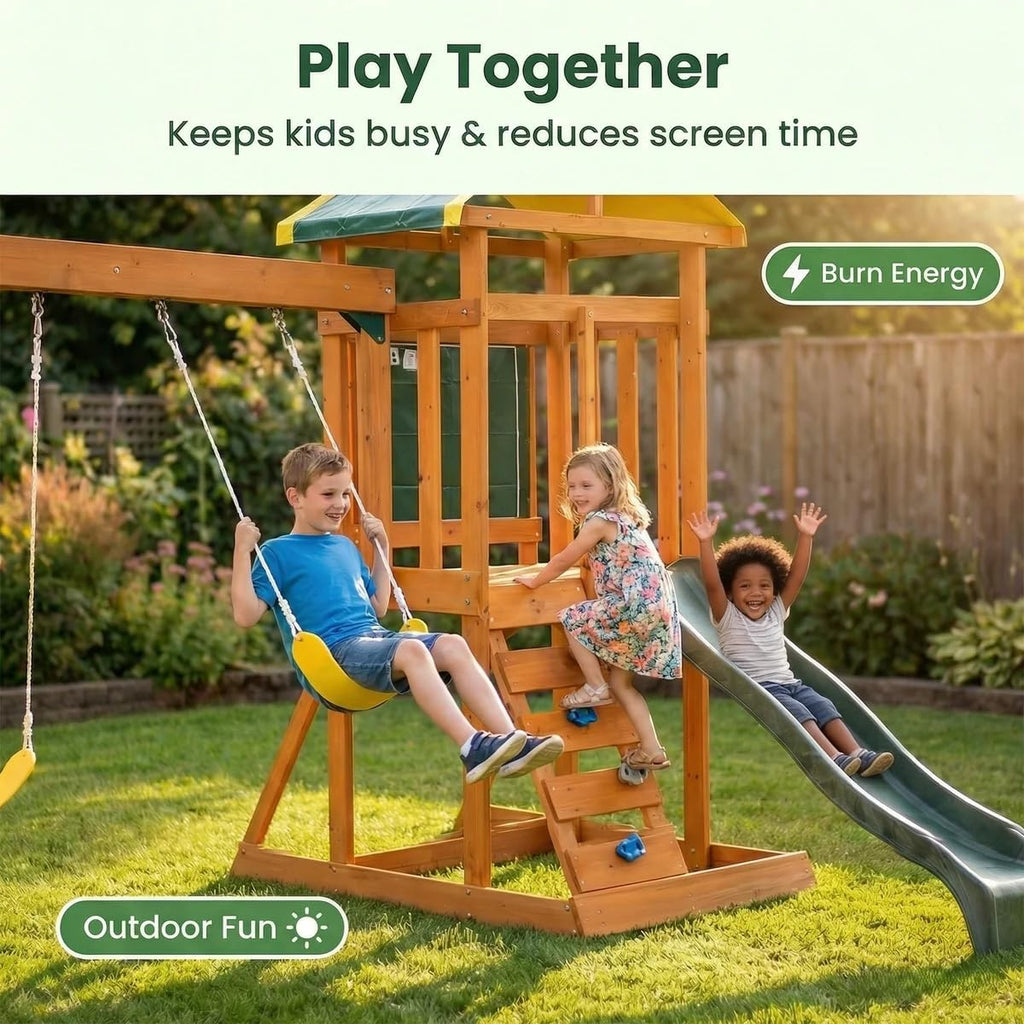 Cedar Wooden Backyard Playset with Swings, Wave Slide, Rock Wall Ladder, Sandbox Chalkboard & Canopy Roof, Outdoor