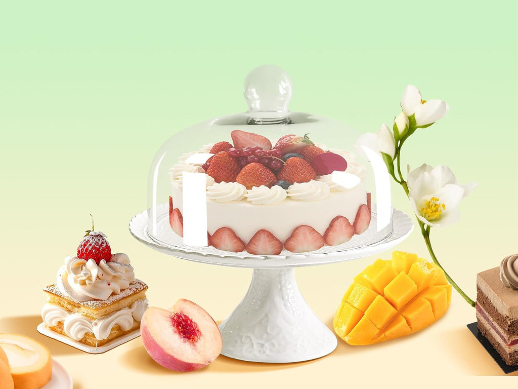 12 Inches White Porcelain Cake Stand-Cupcake Stand with Glass Dome