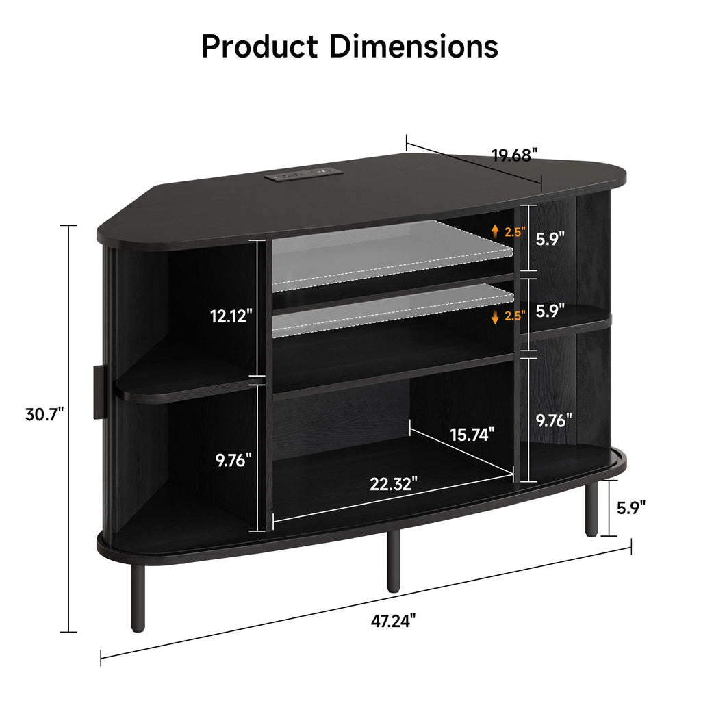 47" Corner TV Stand, Fluted TV Cabinet for 55 Inch TVs, Black