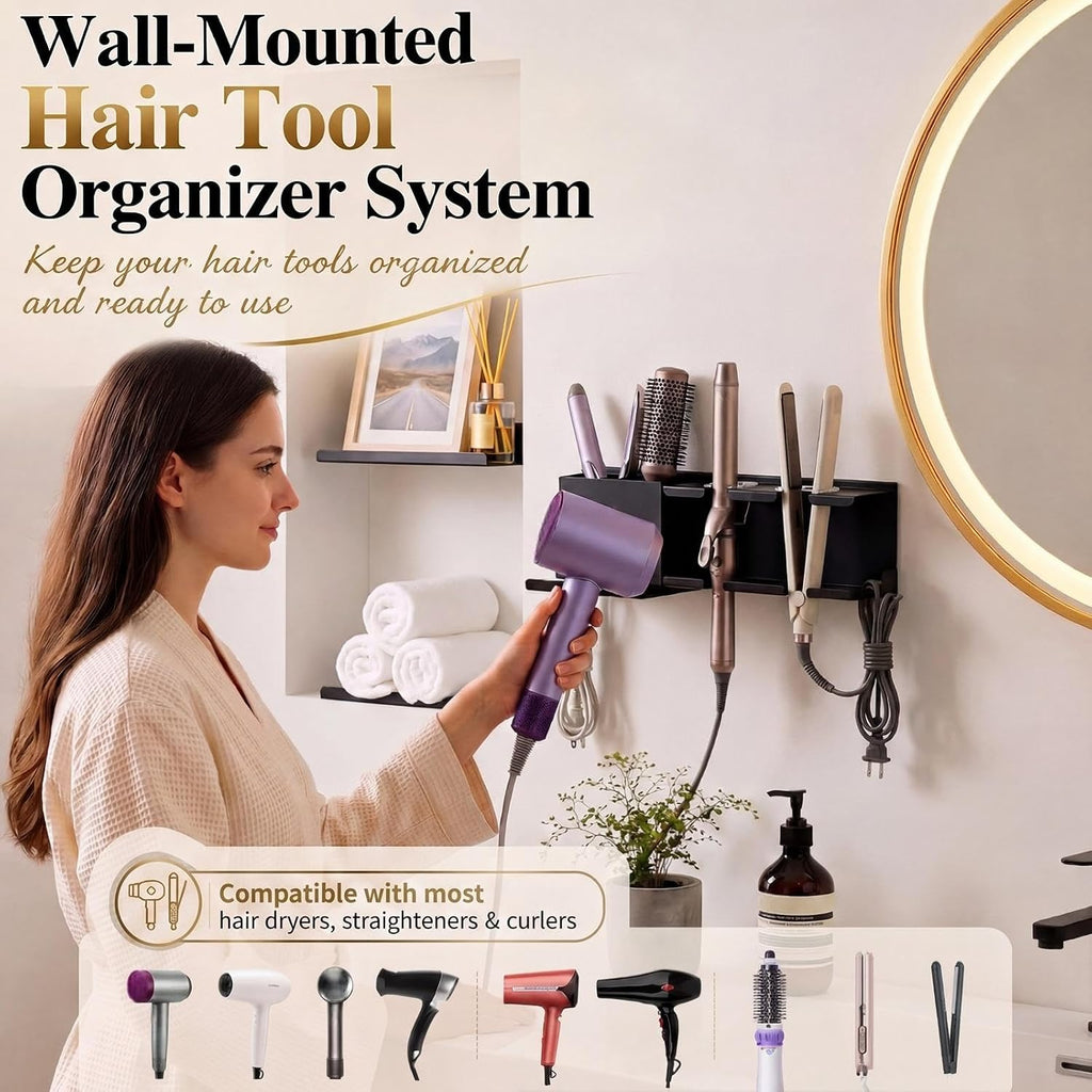 Set of 3 Hair Dryer Holder Wall Mounted with 2 Floating Shelves, 1 Metal Hair Tool Organizer for Blow Dryer, Curling