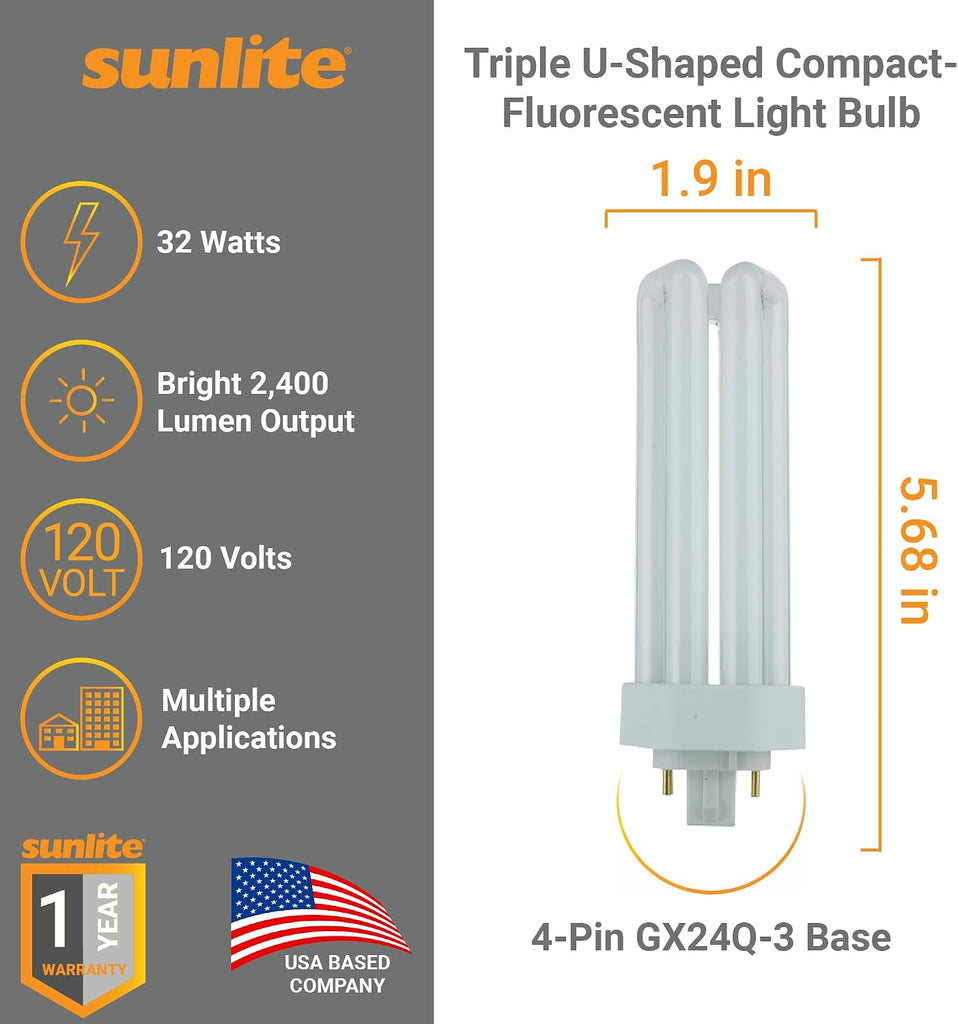 CFL Plug-in PLT 4-Pin Triple Tube Light, 32 Watts, 4-Pin GX24q3 Base, 2400 Lumens, 4100K Cool White, 10 Pack