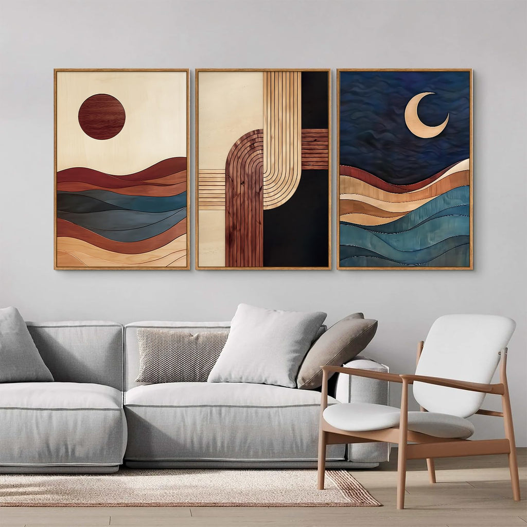 Boho Mid Century Modern Framed Canvas Wall Art, Bohemian Geometric Wall Decor, Abstract Sun and Moon Artwork, Beige