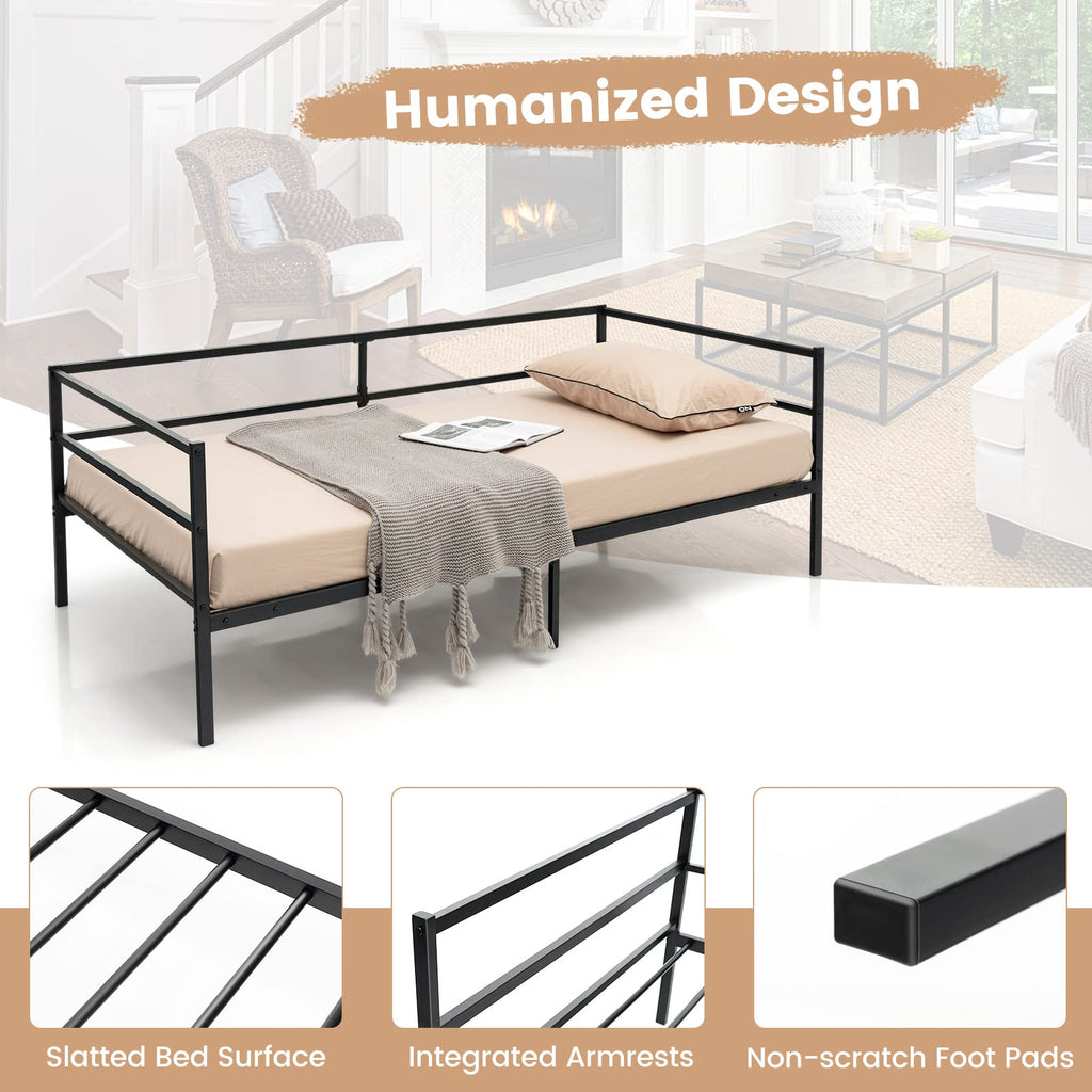 Metal Twin Daybed Frame, Day Bed with Metal Slat Support & 3-Sided Guardrails, 2-in-1 Space-Saving Sofa Bed Guest