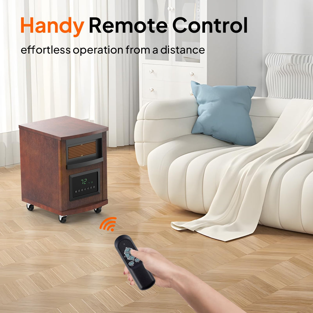 Electric Space Heater with Remote Control, 1500W Portable Quartz Infrared Heaters with Wheels, 12H Timer, Tip-Over &