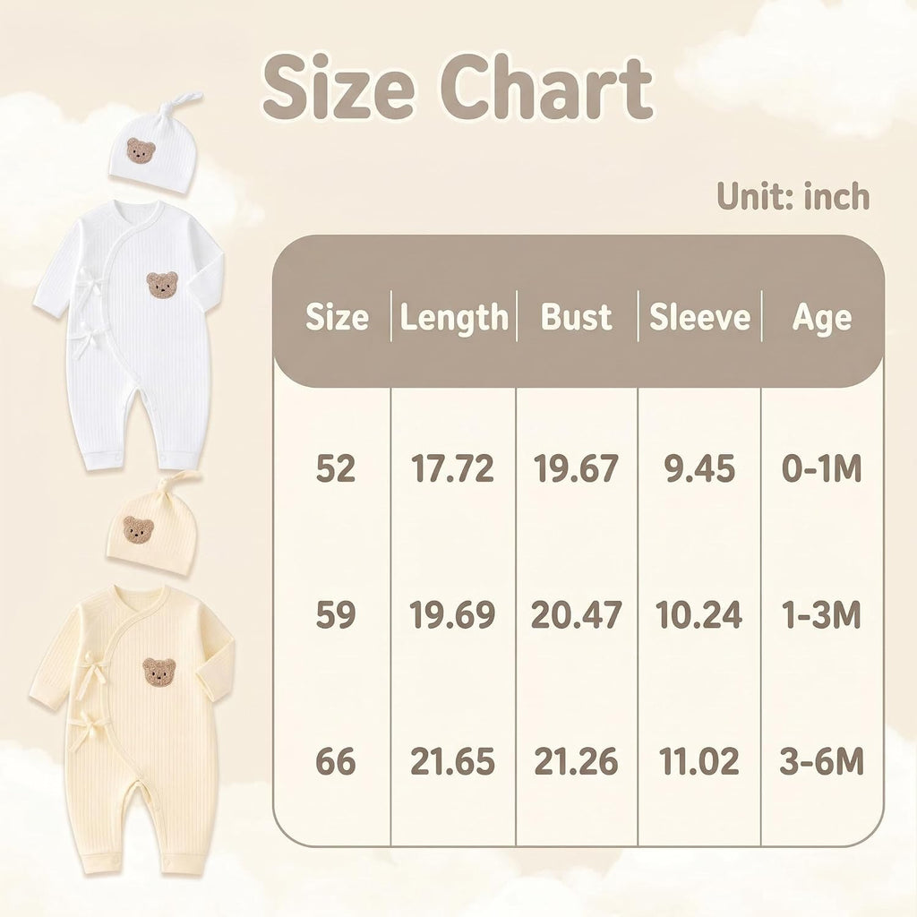 Pack 100% Cotton Baby Clothes Set - Side Kimono Romper with Hat, Essential Coming Home Outfit for Boy Girl