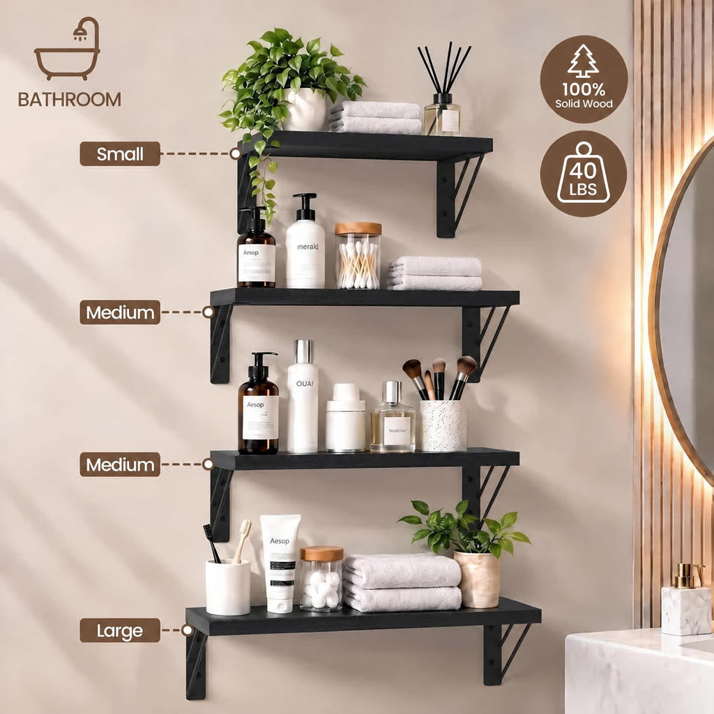 Wall Mounted Black Floating Shelves For Wall (Set of 4, 16.5" Mixed)