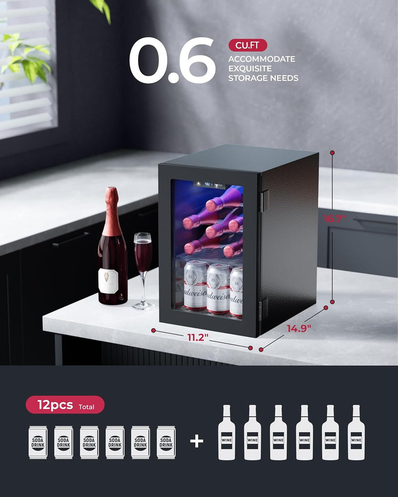 6 Bottles and 6 Cans Compact Beverage Refrigerator, Freestanding Mini Fridge wit