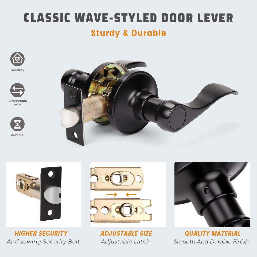 10 Pack Matte Black Finish Keyless Interior Door Handle, Classic Passage Door Lever Closet, Non-Locking Wave Style