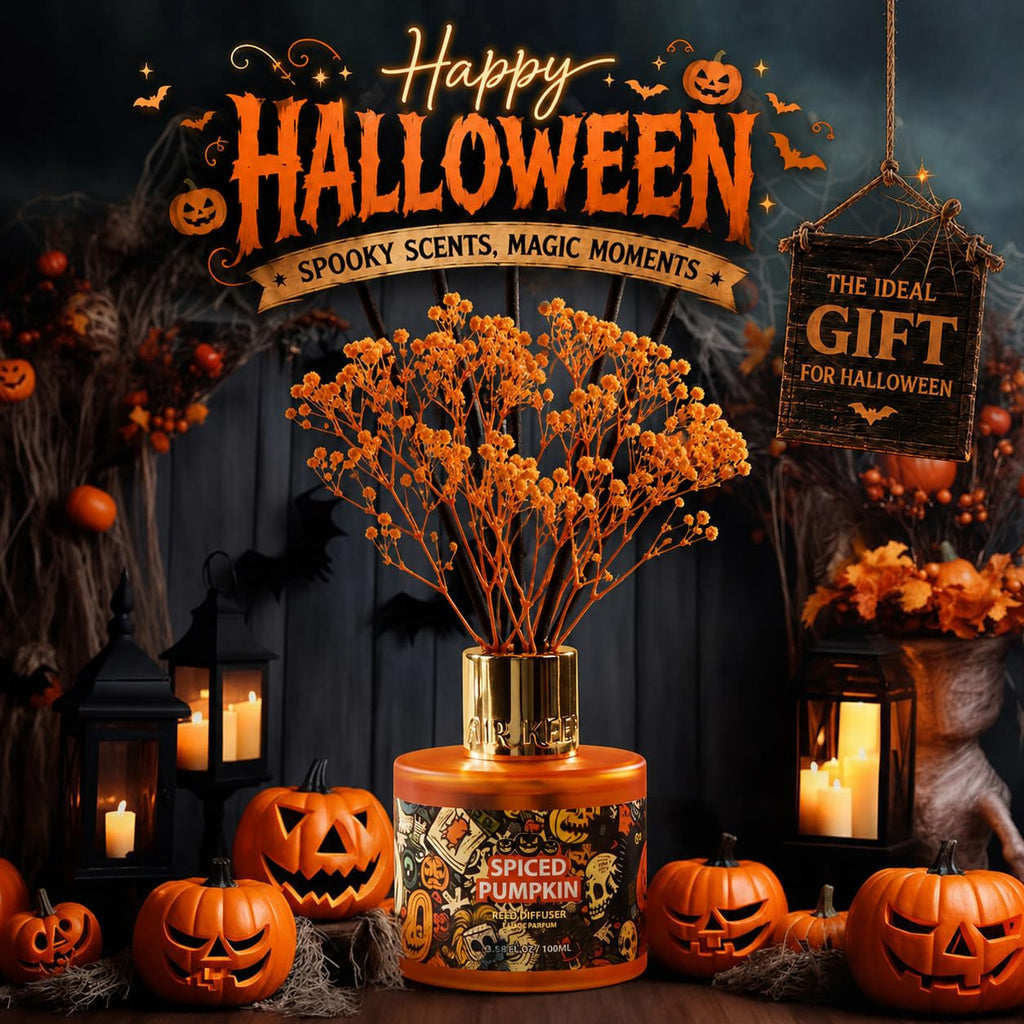 Halloween Reed Diffuser Set, 3.38 fl oz (100 ml) - Spiced Pumpkin Oil Diffusers with 8 Reed Sticks, Home Fragrance