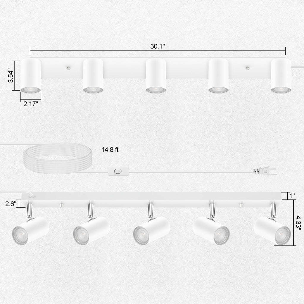 5 Light Track Lighting Kit,30'' White Modern Plug in Ceiling Spotlight,Industrial LED Wall Light Cabinet Gallery Bar