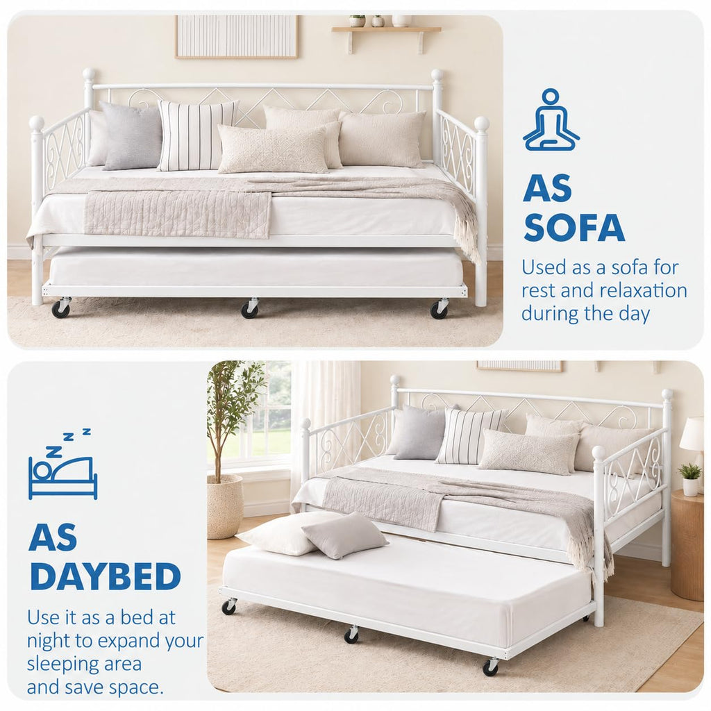 Daybed with Trundle, Trundle Bed Twin with Heart-Shaped Headboard, Sturdy Metal Day Bed with Steel Slat Support, Twin