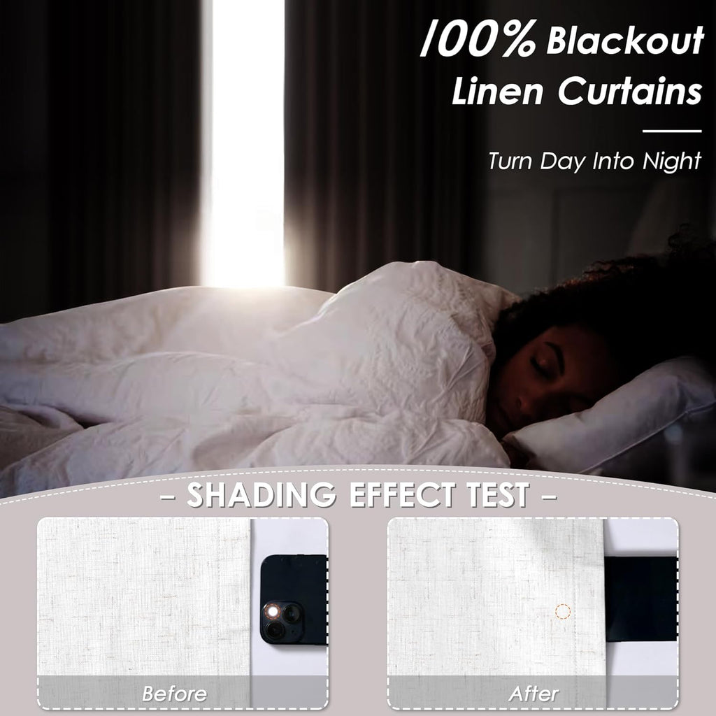100% Blackout Linen 108 Inch Curtains for Bedroom Cream Black Out Curtain for Living Room Thermal Insulated Farmhouse
