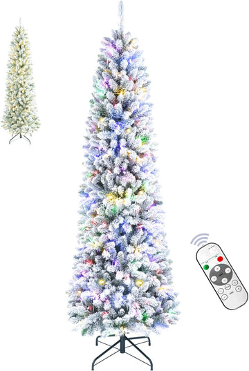 7.5FT Pre-lit Snow Flocked Pencil Christmas Tree with Remote Control, 350 Warm White Multi-Color Lights, Hinged Slim