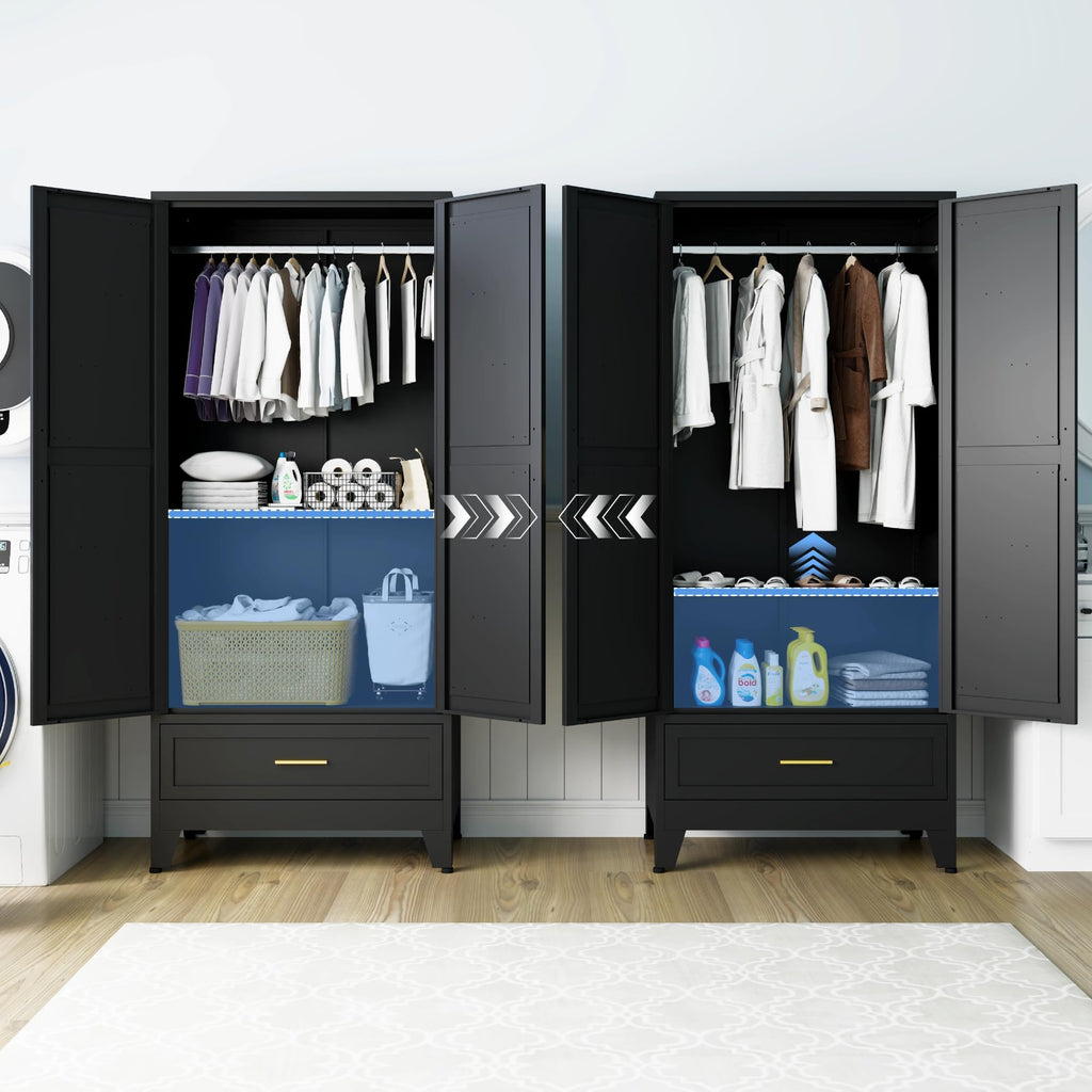 71" H Armoire Wardrobe Closet with 1 Drawer, Metal Wardrobe Closet with Doors and Adjustable Shelves, Wardrobes