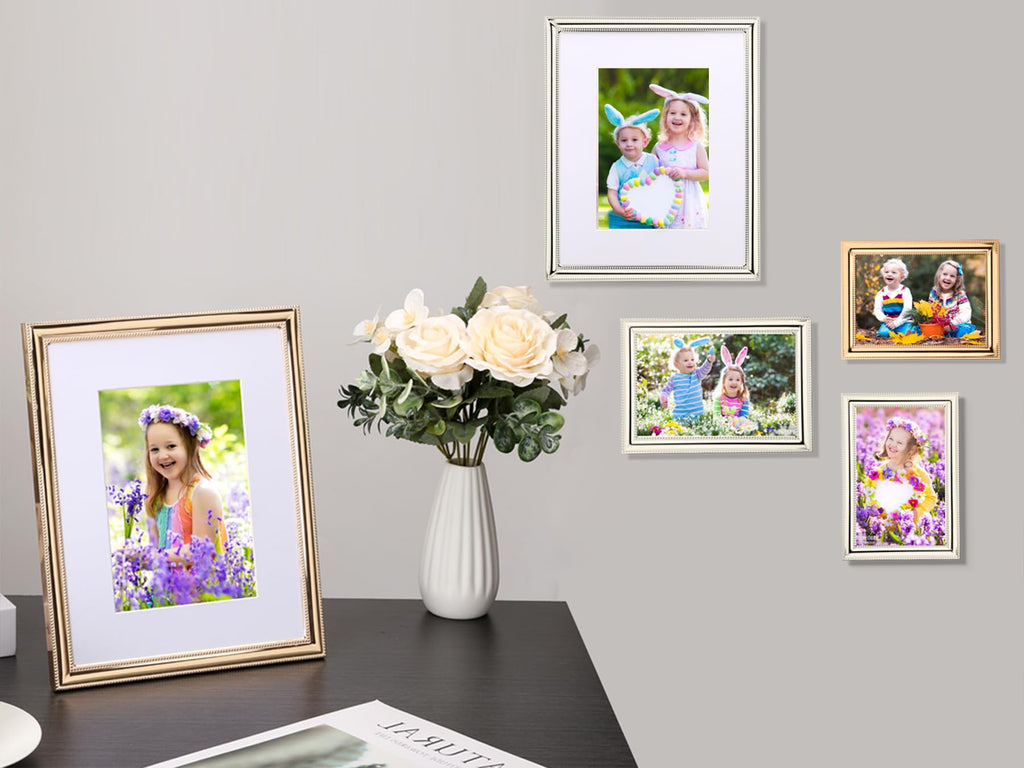 Classic Gold Plated 4x6'' Double Picture Frame, Metal Beaded Design, Real Glass Front and Premium Soft Velvet