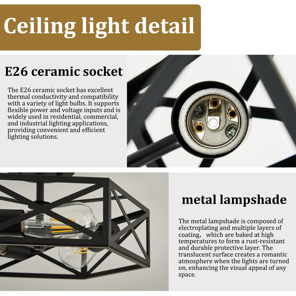 Modern Farmhouse Black Metal Semi Flush Mount Ceiling Light Fixture 14.6 in