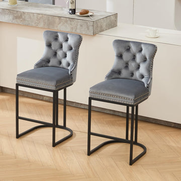 Counter Height Bar Stools Set of 2, 26" Modern Barstools with Back, Velvet Upholstery Counter Chairs with Metal Legs