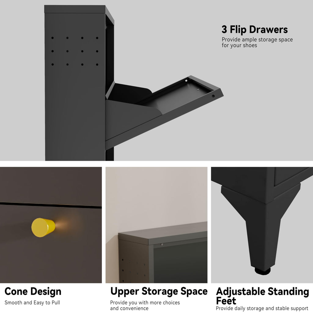 Shoe Cabinet with 3 Flip Drawers-Metal Narrow Shoe Rack -Hidden Metal Shoe Cabinet-Freestanding Shoe (3 Door, Black)