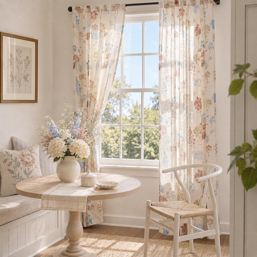 Vanya Floral Linen Blend Curtains 84 Inches Long for Living Room Bedroom, Light Filtering Semi Sheer Drapes, Vintage