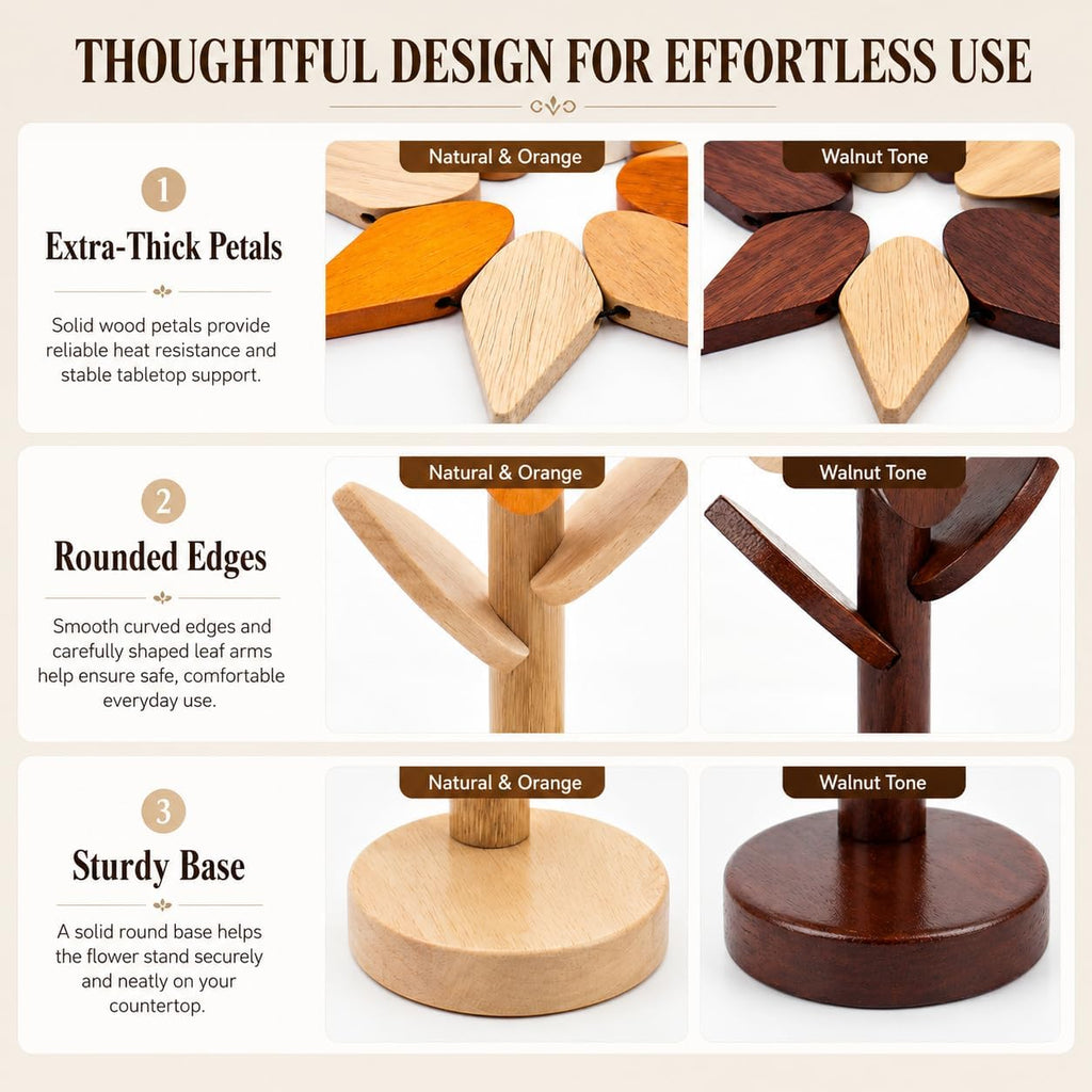 Sunflower Trivets for Hot Dishes, Wooden Tree Trivet Stand Set - Set of 5