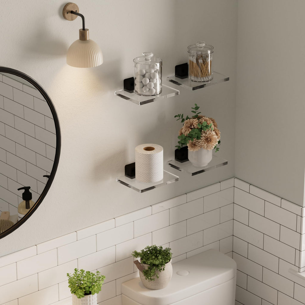 Acrylic Floating Shelves, Wall Mounted Shelves with Solid Pine Base