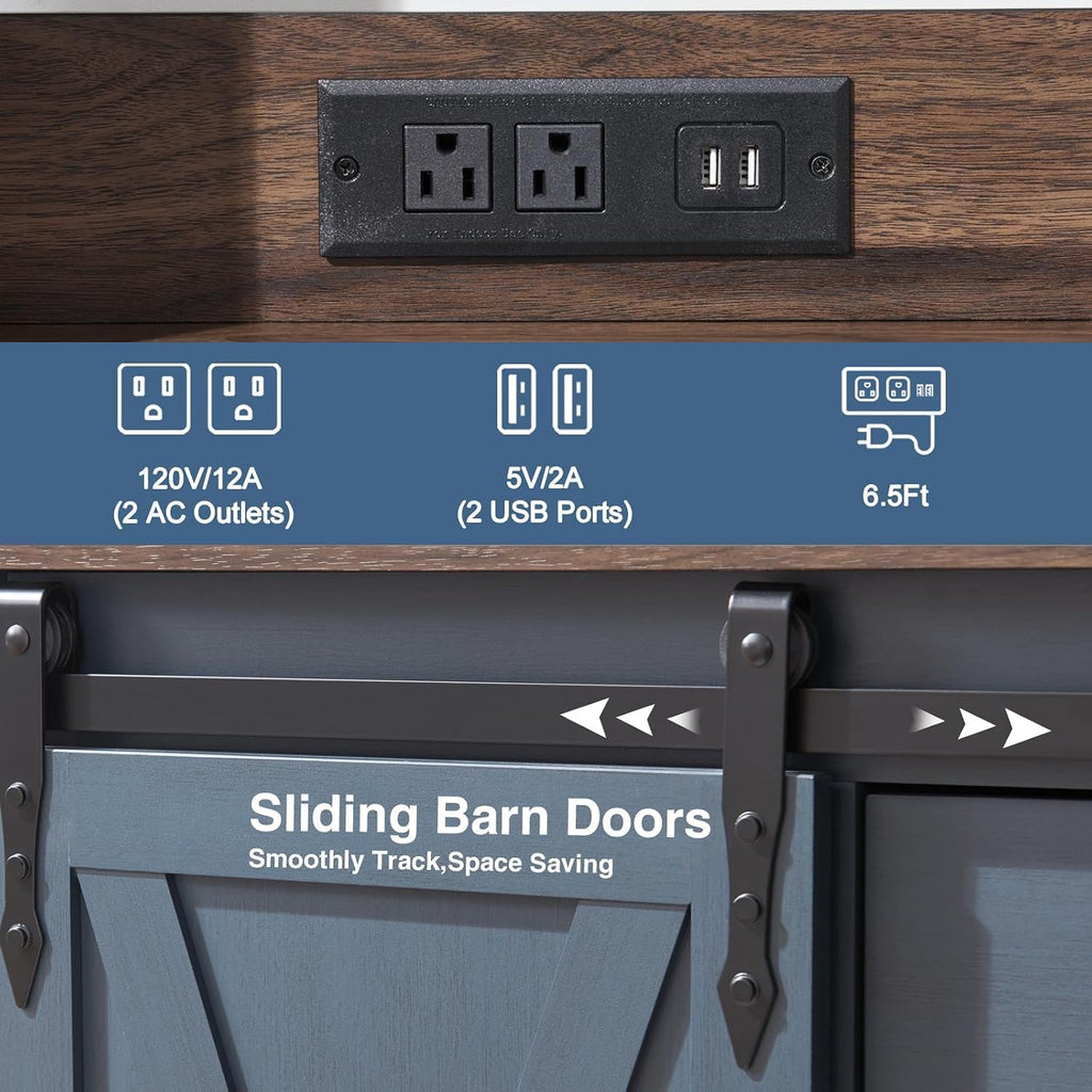 Farmhouse Coffee Bar Cabinet with Charging Station and USB, Blue | 39" Kitchen Hutch Sideboard Buffet with Sliding