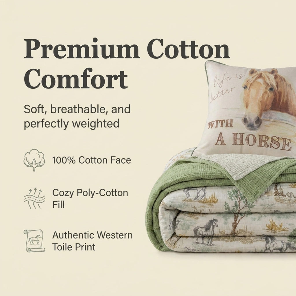 Graystone Meadow Full/Queen Quilt, Horse Toile Western Bedding, Reversible Cotton Bedspread, Green Gray Taupe Tan