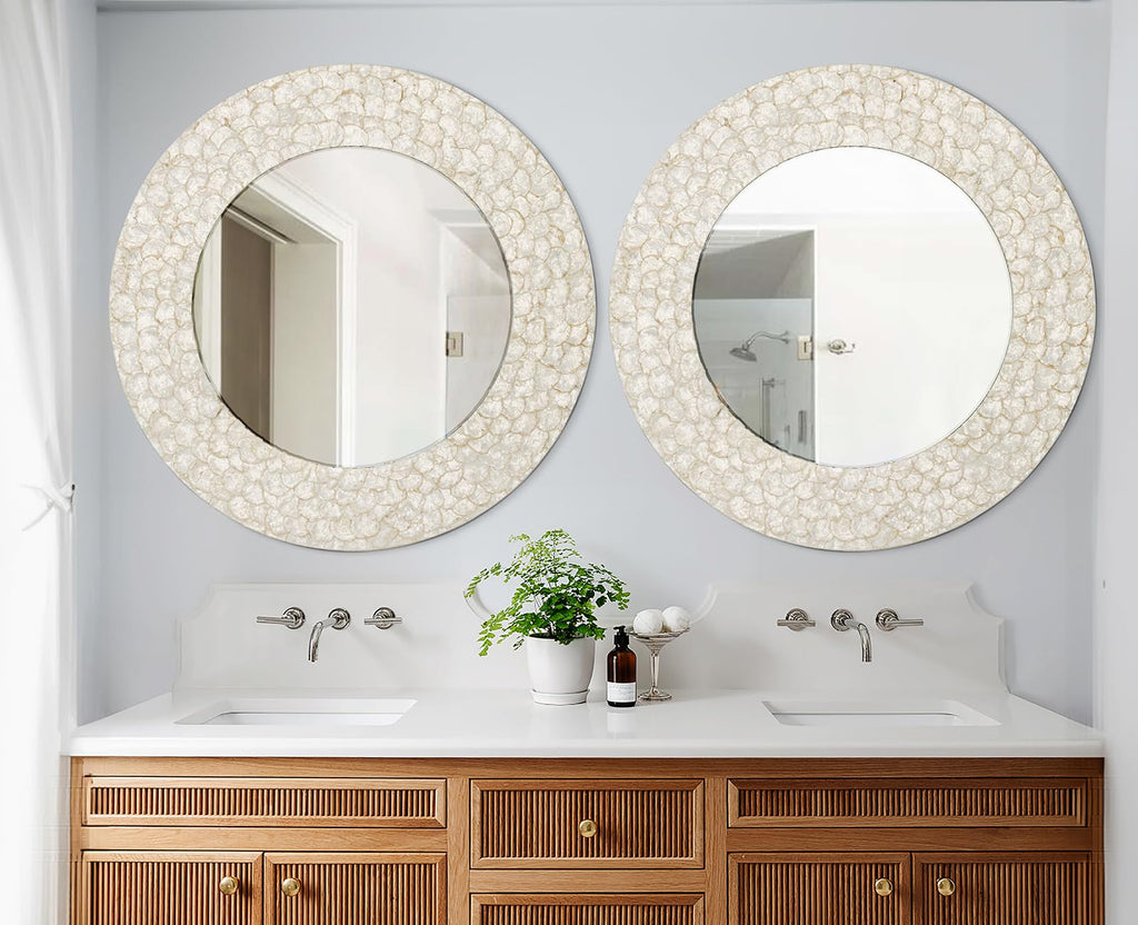 Round Coastal Mirror with Capiz Shell Frame, 36'' Large Circle Bathroom Mirrors, Decorative Wall Mirror Dining Room