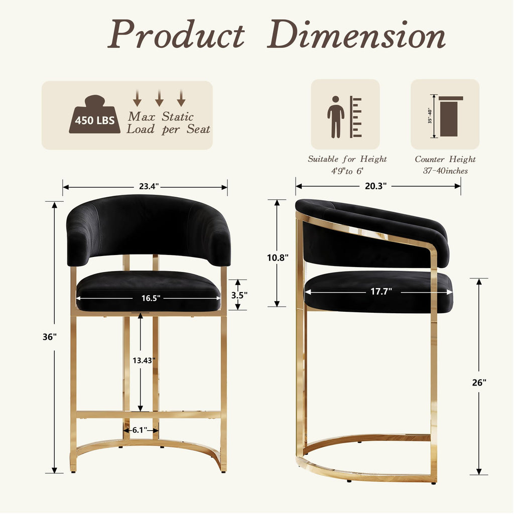 Modern Counter Height Bar Stools, Bar Stools Set of 4, Velvet Upholstered Barrel Barstools with Backs, 26" Kitchen