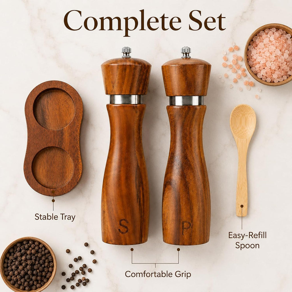 Wooden Salt and Pepper Grinder Set, 8 Inch Solid Hardwood Spice Mills with Adjustable Ceramic Rotor, Refillable - Set of 4
