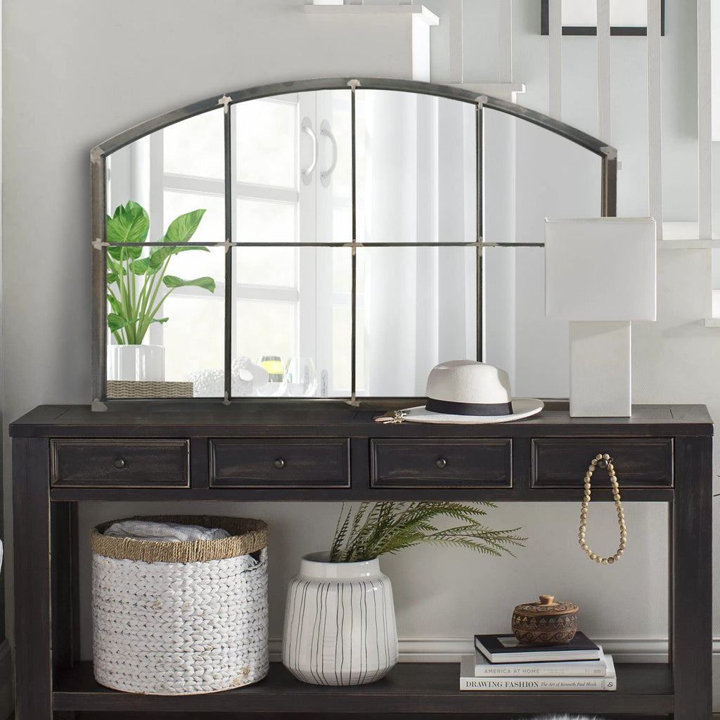 Wide Window Pane Black Mirror,Farmhouse Arched Wall Mirror,Mantel Mirror for Fireplace/Entryway/Hallway/Living