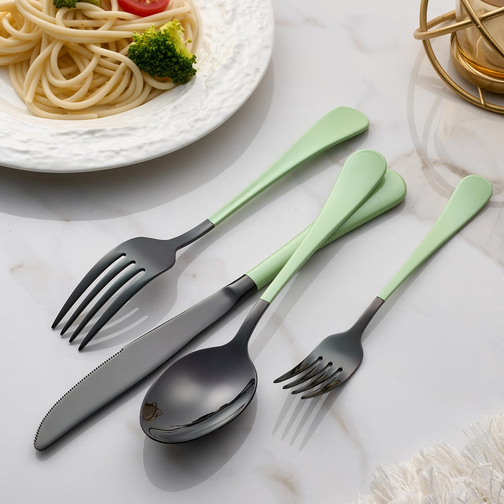 20-Pieces Green and Black Silverware Sets for 4,Green Handle Stainless Steel Cutlery Set, Include Forks Spoons and