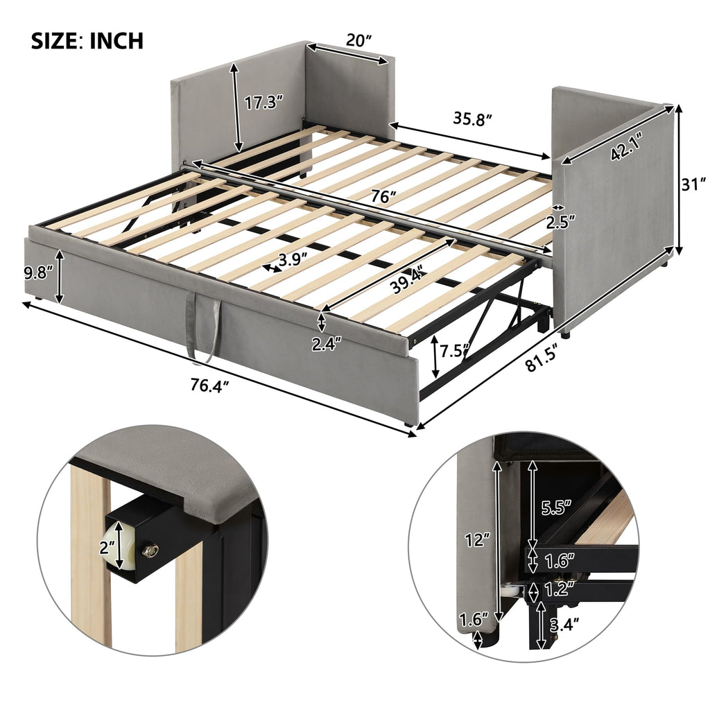 Twin Size Daybed, Upholstered Twin Daybed with Extendable Trundle, Twin Size Daybed Frame, Gray