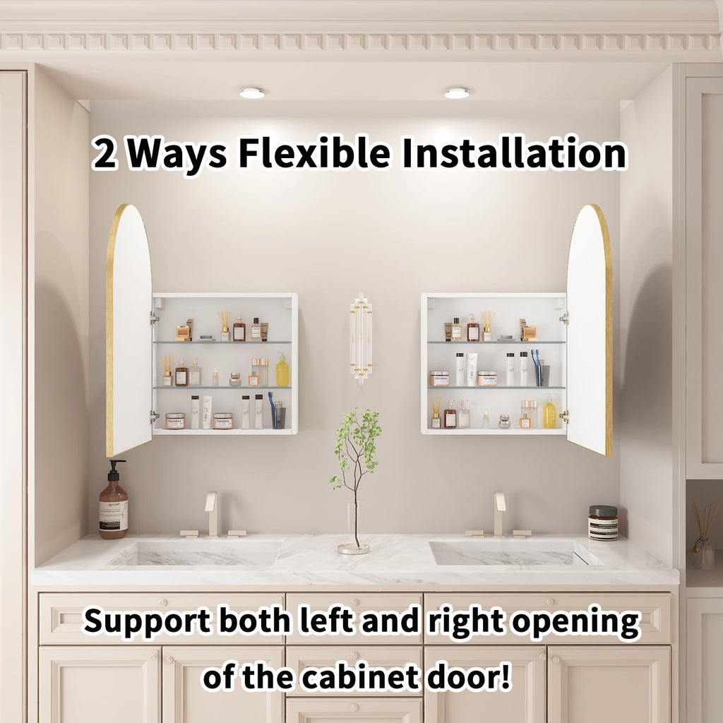 Gold Arched Medicine Cabinet with Mirror, 20x32 Wall Mount Medicine Cabinet with Adjustable Glass Shelves, Surface