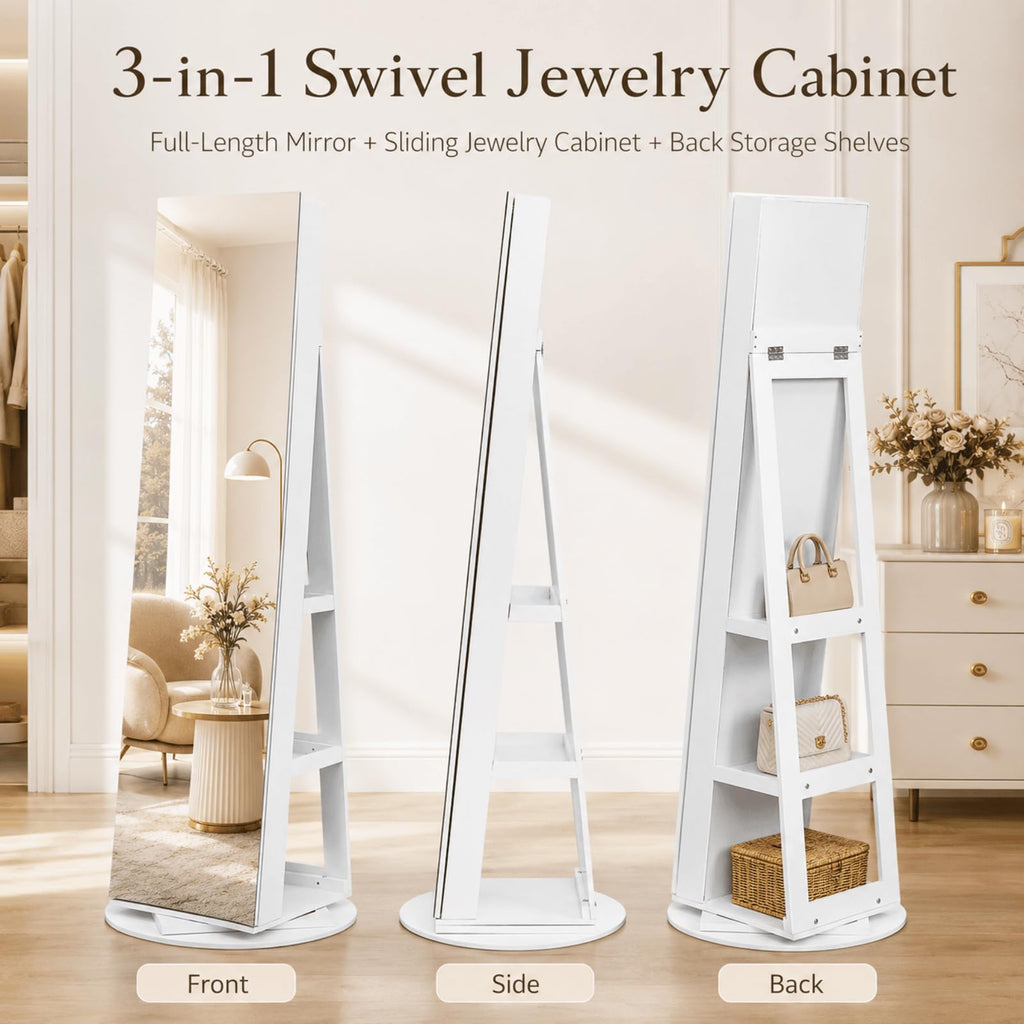 360° Swivel Jewelry Armoire with Full-Length Mirror and Sliding Door, Standing Jewelry Cabinet with 3 Rear Shelves