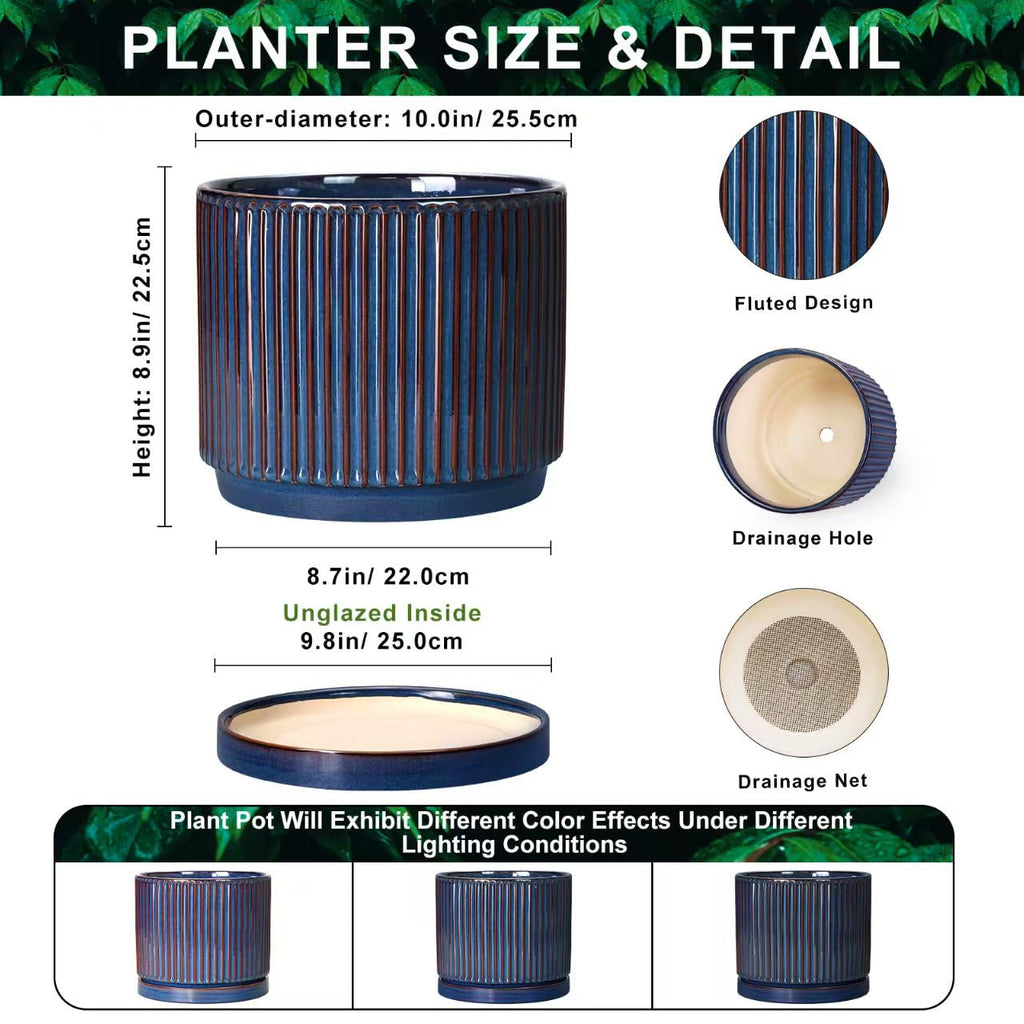 Ceramic Planter, 10 Inch Plant Pots with Saucer, Retro Blue