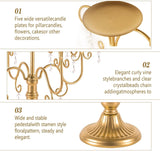 15.3in Gold Candelabra Centerpieces for Tables, 5 Arm Crystal Candelabra for Pillar Candles, Metal Candelabra Candle